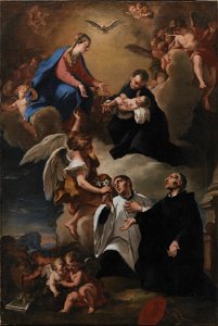 Nicola Grassi - The Holy Ghost, Angels and the Virgin with Saints Mark, Stanislau Kostka (Holding the Child), Aloysius Gonzaga and Francesco Borgia - KMS326 - Statens Museum for Kunst. Free illustration for personal and commercial use.
