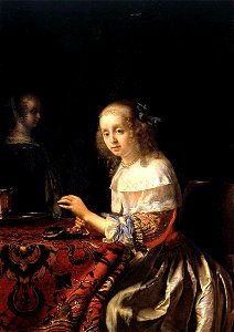 Mieris 1, Frans van - The Woman threading pearls - 1658. Free illustration for personal and commercial use.