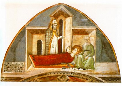Niccolo di Segna. St. Gregory appears at the sickbed of St. Fina. Fresco. Chapel of the Madonna of the Collegiata, San Gimignano. 1330--40.