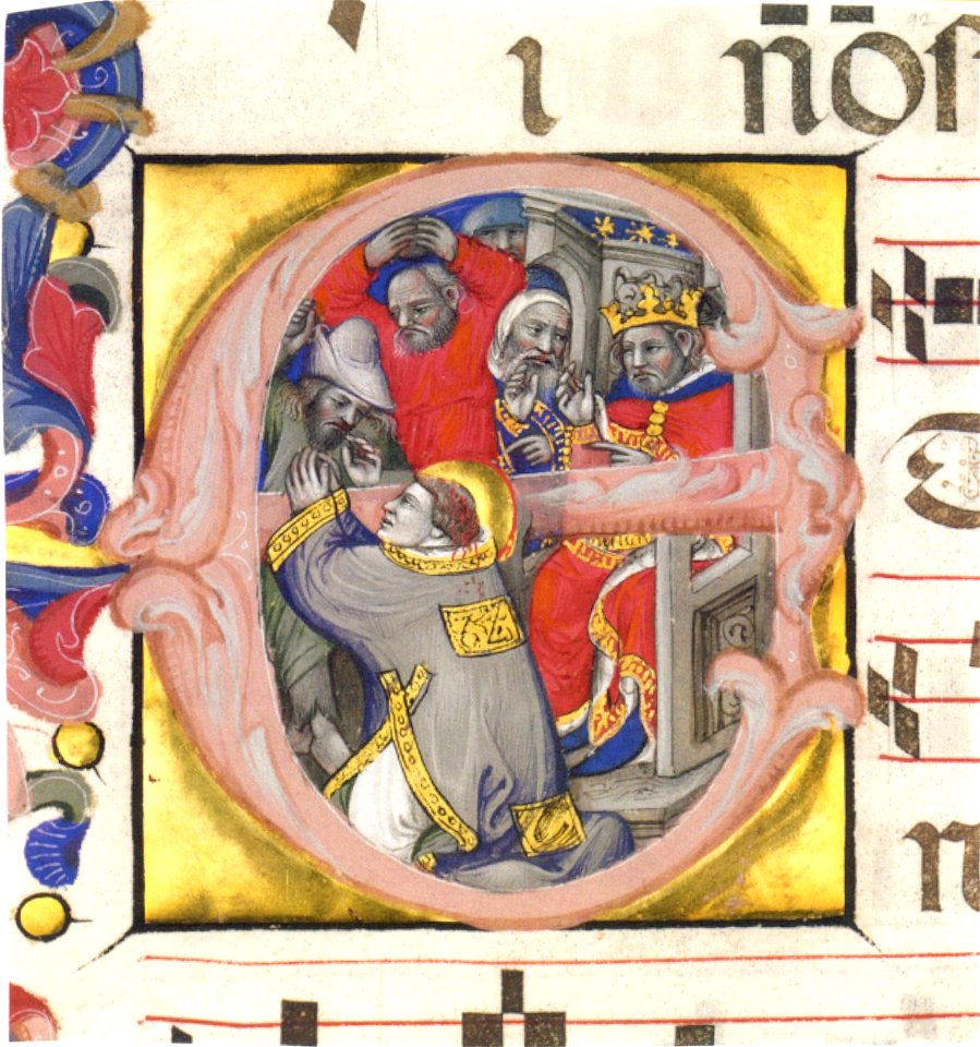 Niccolò da Bologna - Initial E with marterdom of St. Stephen, 1394-1404, tempera, gold and ink on parchmrnt, Metripolitan Museum of Art