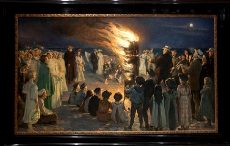 Midsommer Eve bonfire on Skagen's beach, by P. S. Kroyer, with frame. Free illustration for personal and commercial use.