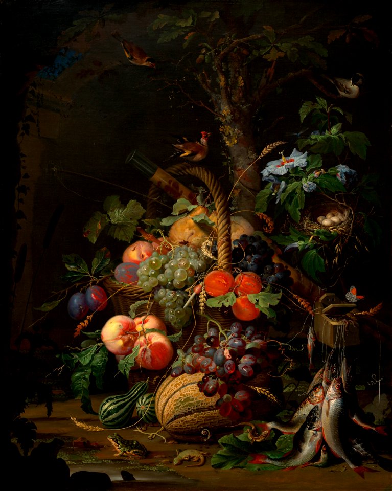 Abraham Mignon - Stillleben mit Früchten, Fischen und Vogelnest