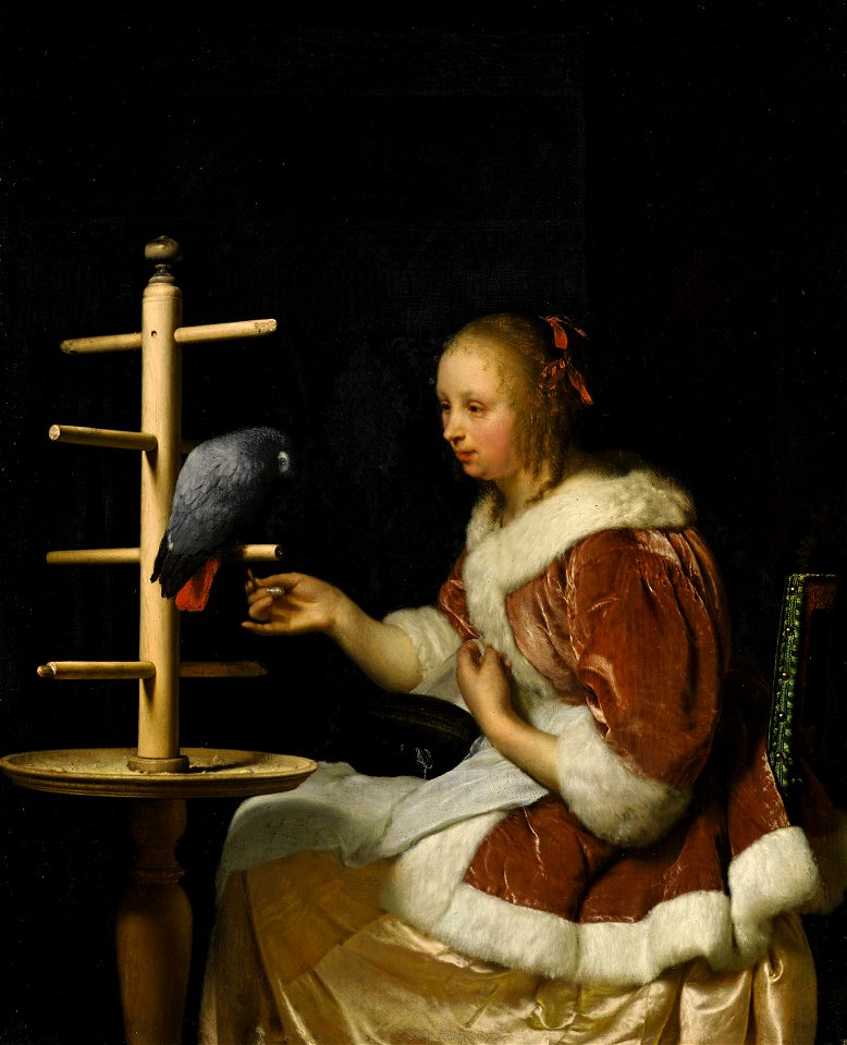 Mieris 1, Frans van - A Young Woman in a Red Jacket Feeding a Parrot - 1663. Free illustration for personal and commercial use.