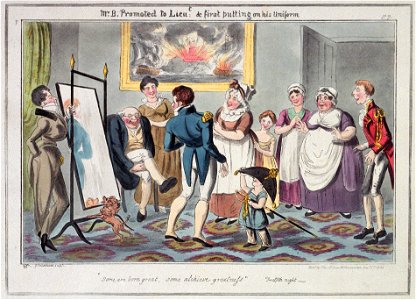 Midshipman Blockhead, Mr B Promoted to Lieut and first putting on his uniform (caricature) RMG PU4836