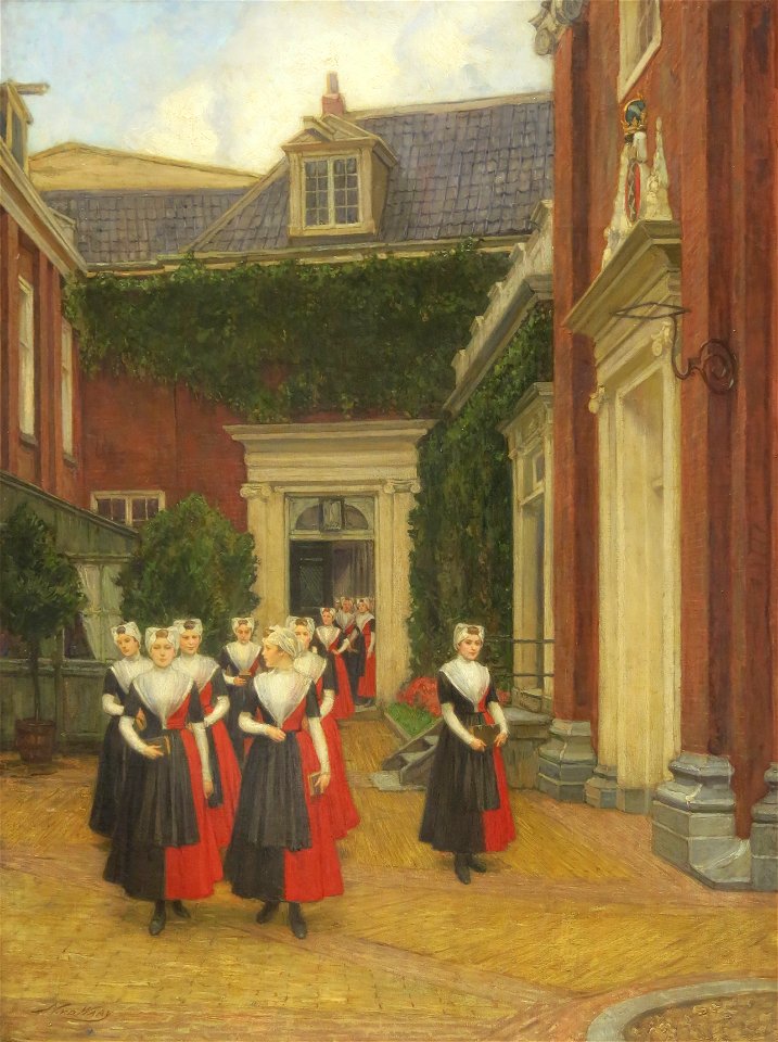 Nicolaas van der Waay - Amsterdamse weesmeisjes terugkerend van kerkbezoek op binnenplaats van het Burgerweeshuis - 2152 - Amsterdam Museum