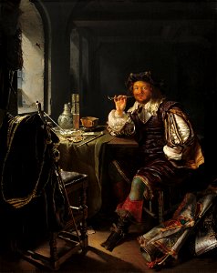 'An Interior with a Soldier Smoking a Pipe' by Frans van Mieris, c. 1657. Free illustration for personal and commercial use.