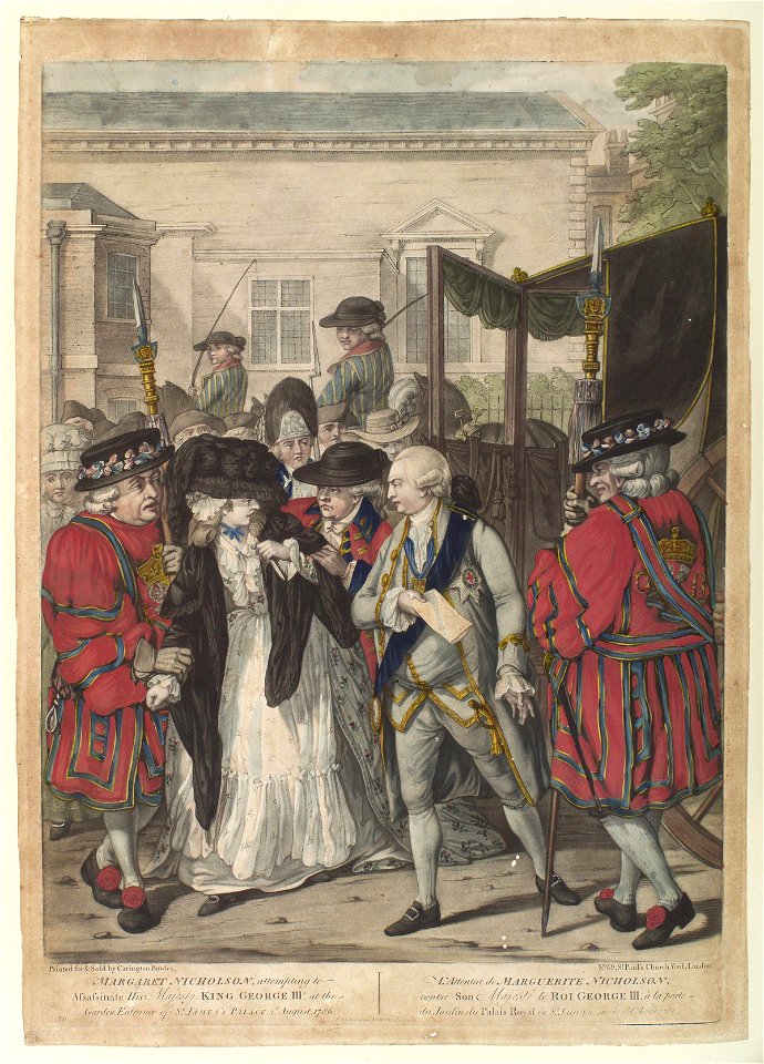 Margaret Nicholson attempting to assassinate his Majesty King George III' (Margaret Nicholson; King George III) by Carington Bowles