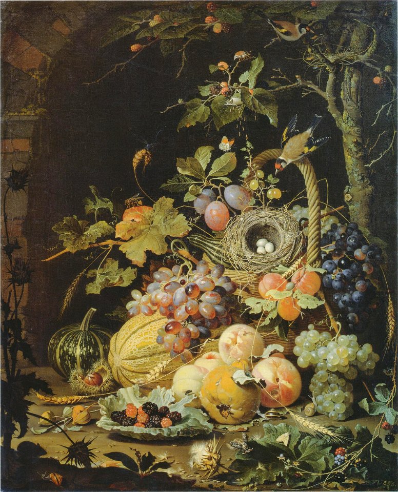 Abraham Mignon - Vogelnest in een mand met vruchten