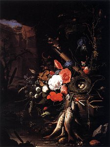 Mignon, Abraham - Still-Life with Fishes and Bird Nest - c. 1670. Free illustration for personal and commercial use.