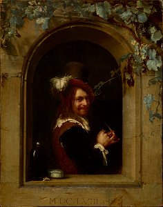 Frans van Mieris (I) - Man with Pipe at the Window (1658). Free illustration for personal and commercial use.