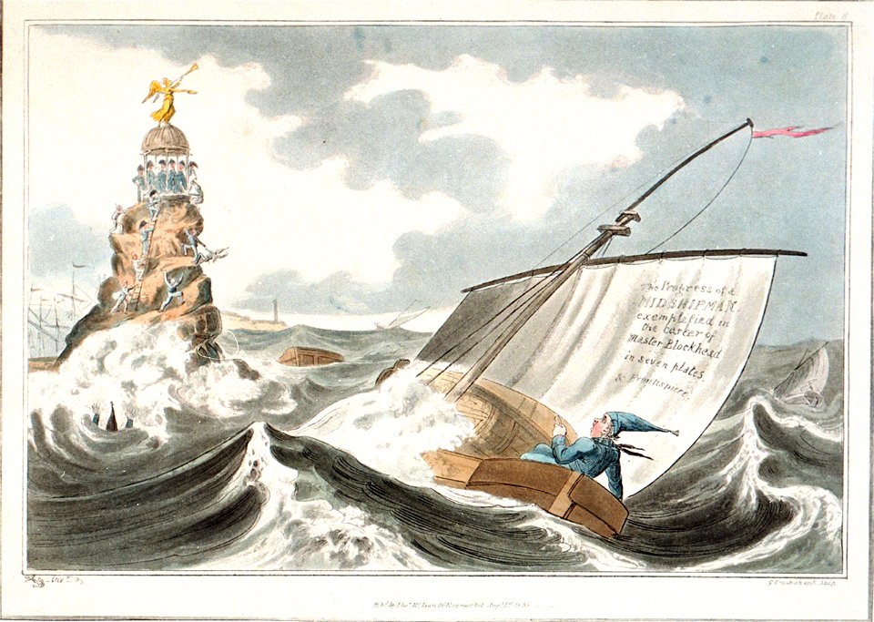 Midshipman Blockhead, The Progress of a Midshipman exemplified in the career of Master Blockhead in seven plates and frontispiece (caricature) RMG PU4837