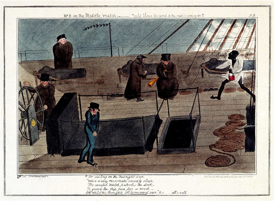 Midshipman Blockhead, Mr B on the Middle Watch, cold blows the wind and the rains coming on (caricature) RMG PU4832