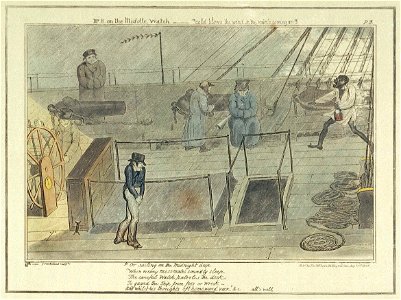 Midshipman Blockhead, Master B on the Middle Watch, cold blows the wind and the rain's coming on (caricature) RMG PU4723