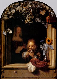 Mieris I, Frans van - Boy Blowing Bubbles - 17th century. Free illustration for personal and commercial use.