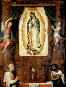 Miguel Cabrera - Altarpiece of the Virgin of Guadalupe with Saint John the Baptist, Fray Juan de Zumárraga and Juan Diego - Google Art Project. Free illustration for personal and commercial use.