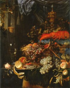 Abraham Mignon - Still life with fruit, a lobster and a goldfinch. Free illustration for personal and commercial use.