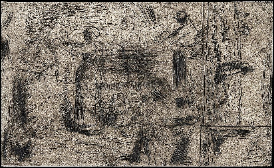 Millet - Three Sketches Woman Laying out Wash, Man Leaning on a Spade, and Seated Peasant, M26215