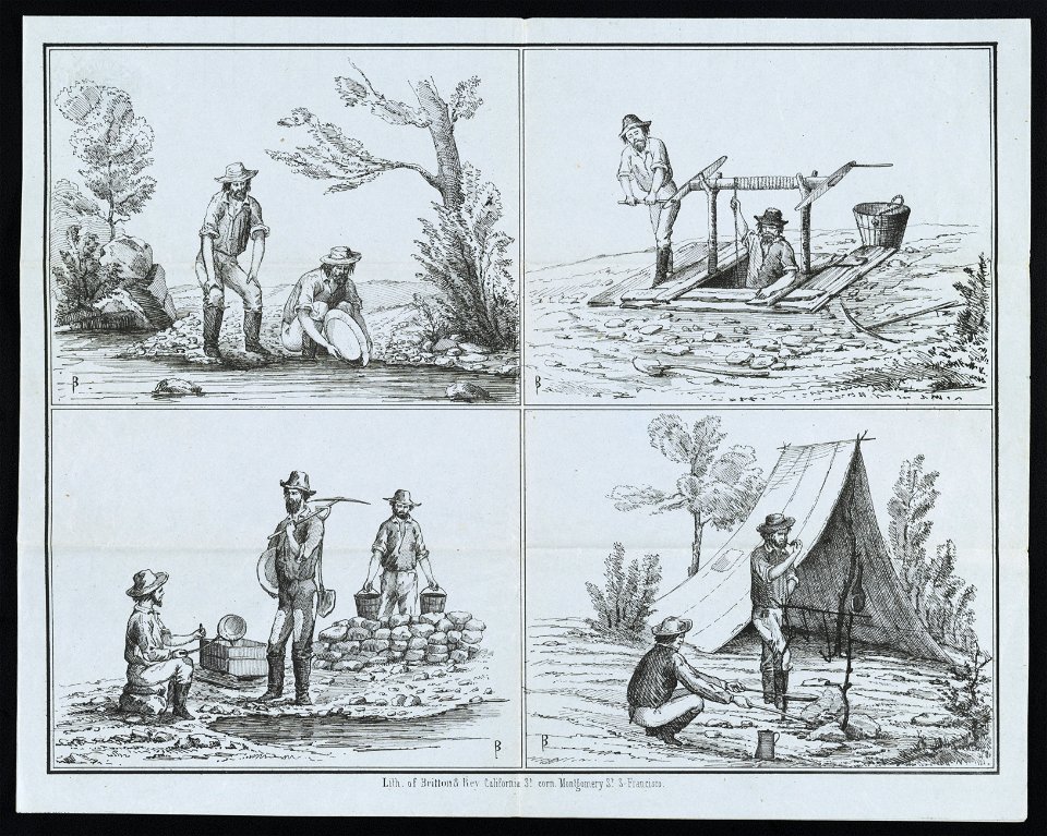 Miners panning for gold ; entering a mine shaft ; miners with equipment ; and miners cooking at camp) - Lith. of Britton & Rey, California St. corn. Montgomery St., S. Francisco LCCN2011661853