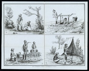 Miners panning for gold ; entering a mine shaft ; miners with equipment ; and miners cooking at camp) - Lith. of Britton & Rey, California St. corn. Montgomery St., S. Francisco LCCN2011661853