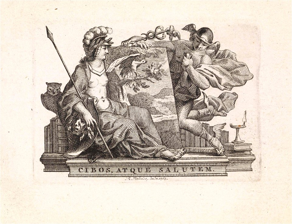 Minerva en Mercurius bij boeken en een schilderij, waarop een vogel in een landschap