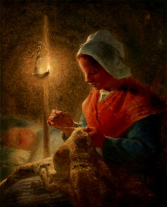 Jean-François Millet - Woman Sewing by Lamplight (1852). Free illustration for personal and commercial use.