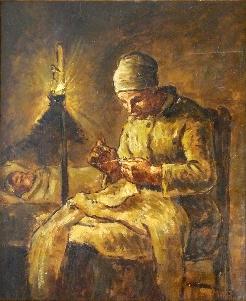 Millet J.C. - Oil on paper - Veillée à la bougie - ~55x45cm