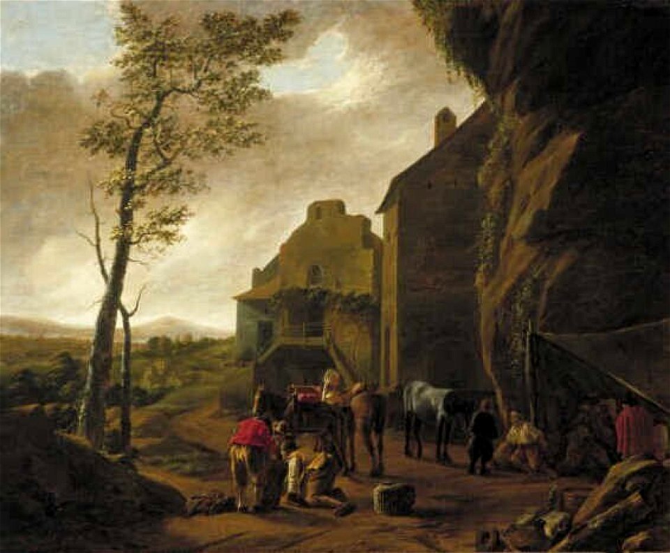 Nicolaes Ficke - Italianiserend rotsachtig landschap met pleisterplaats - 1522 (OK) - Museum Boijmans Van Beuningen
