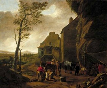 Nicolaes Ficke - Italianiserend rotsachtig landschap met pleisterplaats - 1522 (OK) - Museum Boijmans Van Beuningen