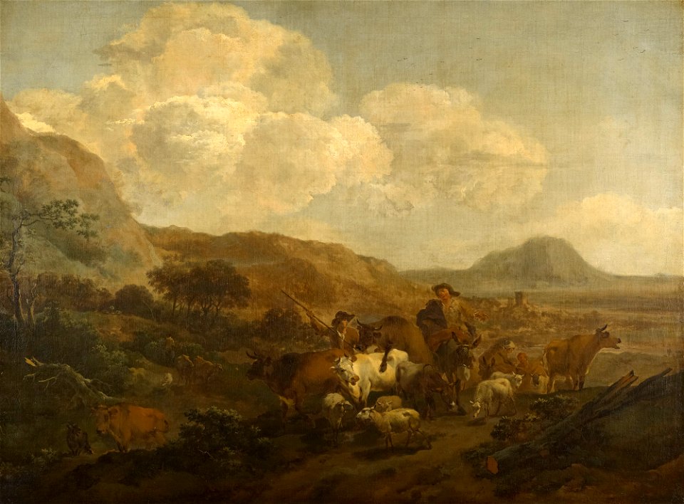 Nicolaes Berchem - Two Shepherds Driving their Flocks and Herds c. 1652-8, RCIN 406902