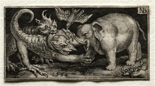 Nicolaes de Bruyn (Netherlandish, 1571-1656), A. van Londerseel - Elephant Fighting two Beasts - 1923.736 - Cleveland Museum of Art