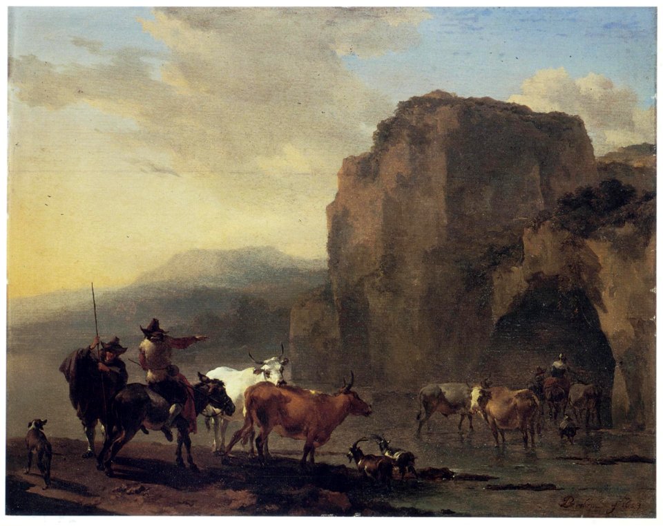 Nicolaes Berchem - Italianate Landscape with Herd crossing a River