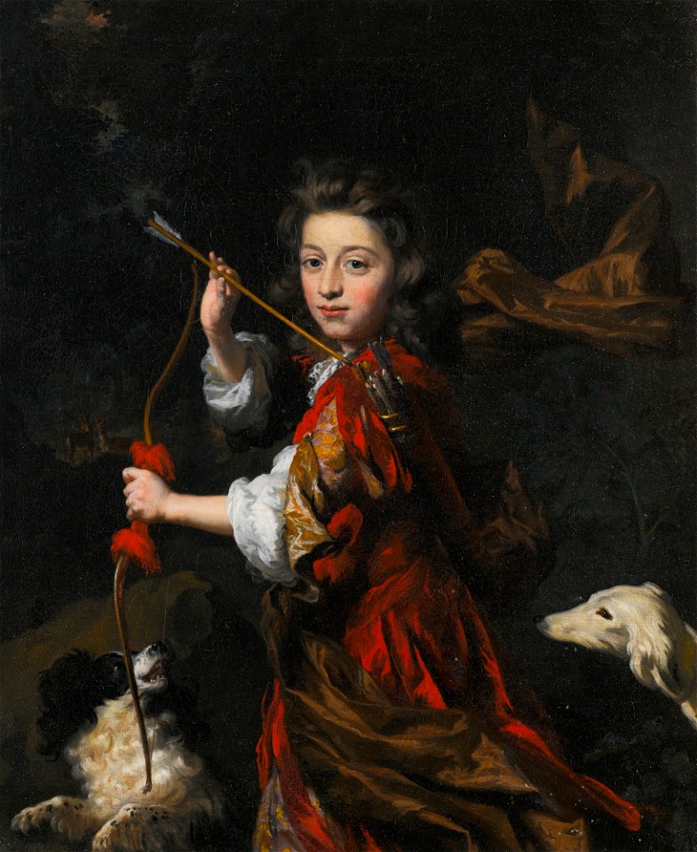 Nicolaes Maes - Portrait of a young nobleman, three-quarter-length, wearing red with a brown sash, holding a bow and a quiver of arrows, with two dogs in a wooded landscape