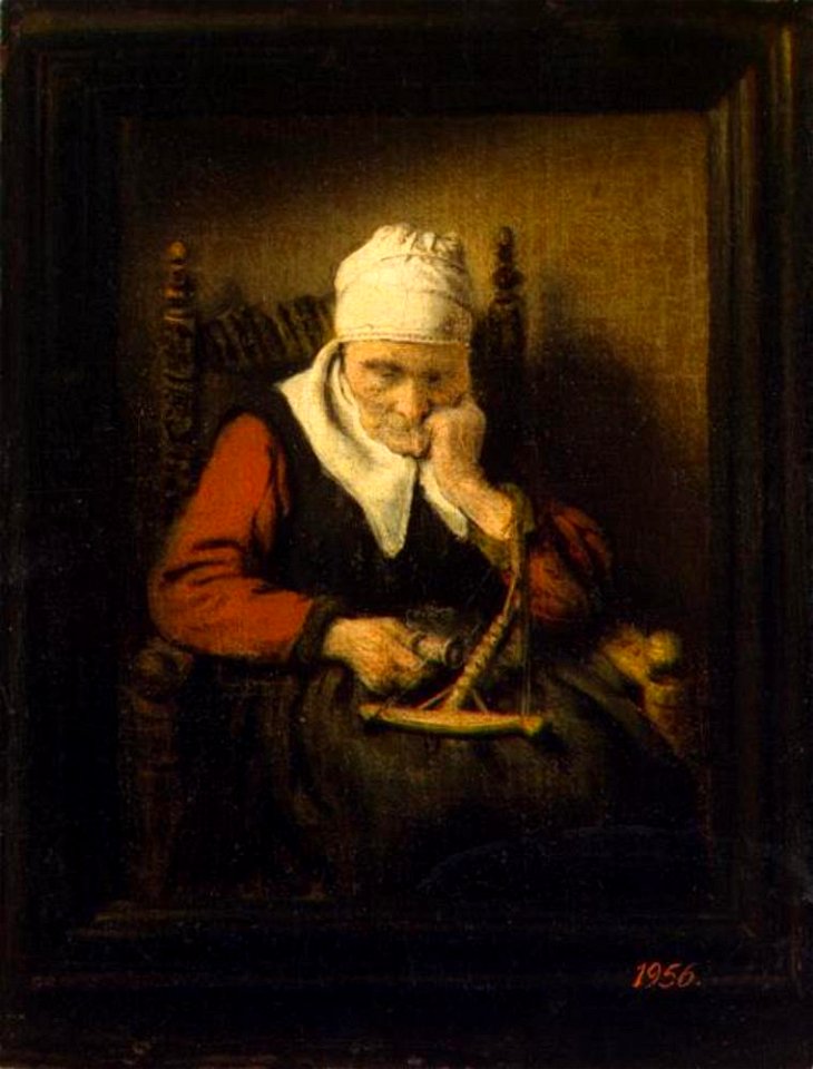 Nicolaes Maes - Oude slapende vrouw met haspel, in geschilderde lijst - ГЭ-719 - Hermitage Museum