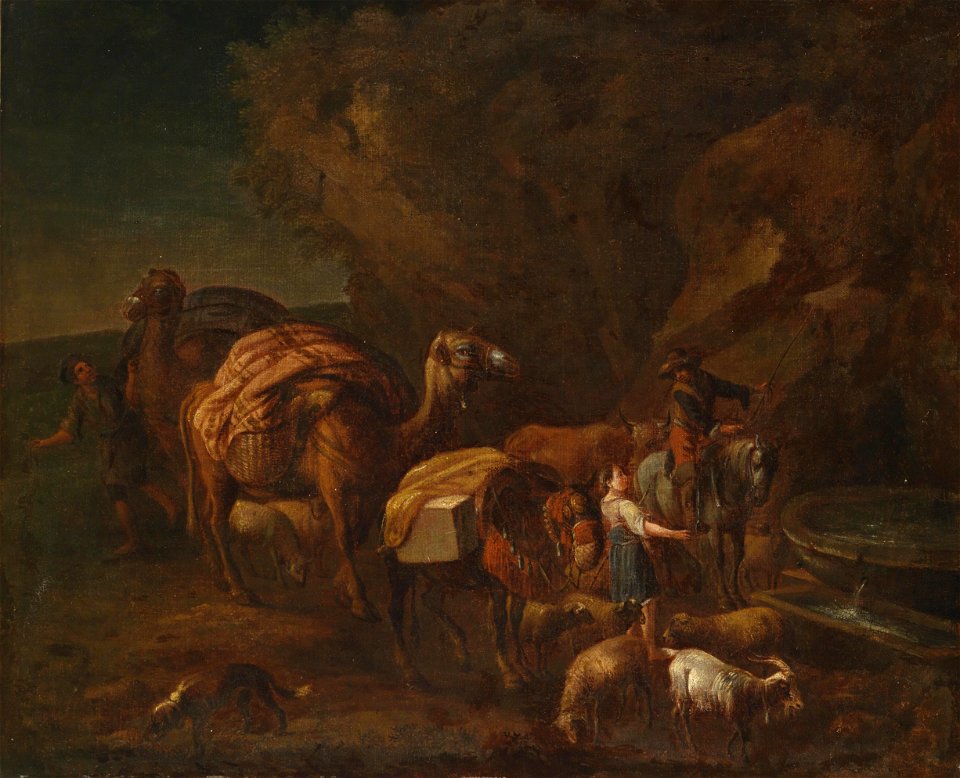 Nicolaes Berchem (circle) Orientalische Landschaft mit Kameltreibern und Viehhirten