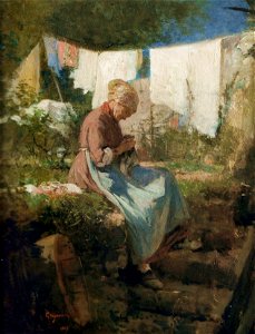 Nicolae Grigorescu - Old Woman Darning. Free illustration for personal and commercial use.