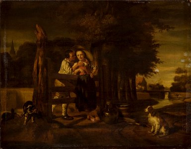 Nicolaes Maes (Attributed to) - Rustic lovers. Free illustration for personal and commercial use.