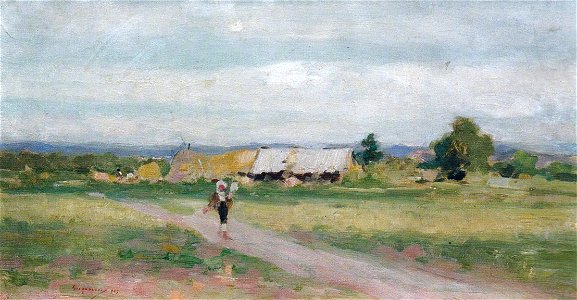 Nicolae Grigorescu - Taranca torcand pe drum de tara