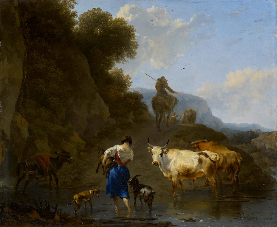 Nicolaes Berchem (Haarlem 1620-Amsterdam 1683) - A Shepherdess Carrying a Kid across a Ford - RCIN 404817 - Royal Collection