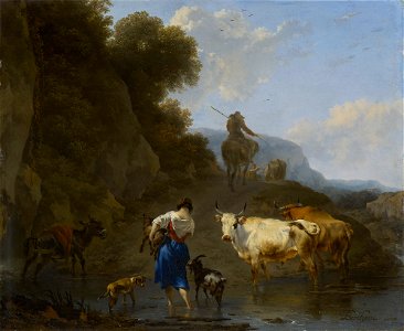 Nicolaes Berchem (Haarlem 1620-Amsterdam 1683) - A Shepherdess Carrying a Kid across a Ford - RCIN 404817 - Royal Collection