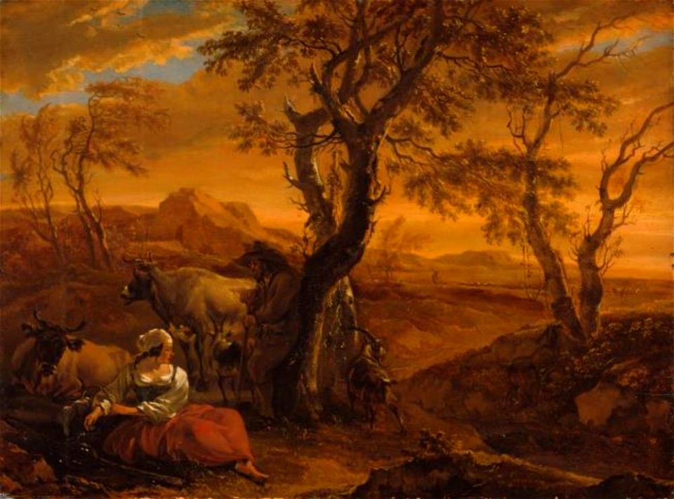 Nicolaes Berchem - Italianiserend berglandschap met herders in avondlicht - G 116 - Staatliches Museum Schwerin