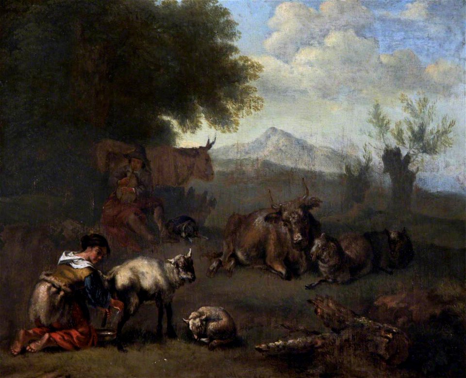 Nicolaes Pietersz Berchem (1620-1683) (after) - Cattle and Sheep with a Young Woman Milking a Goat - 872120 - National Trust