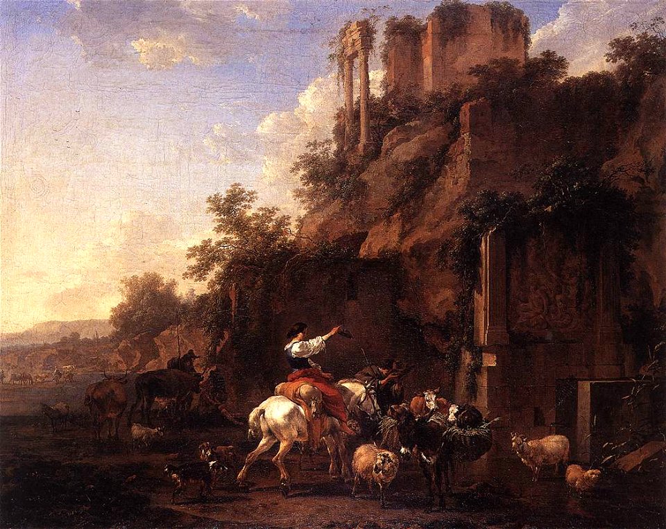 Nicolaes Pietersz. Berchem - Rocky Landscape with Antique Ruins - WGA1915