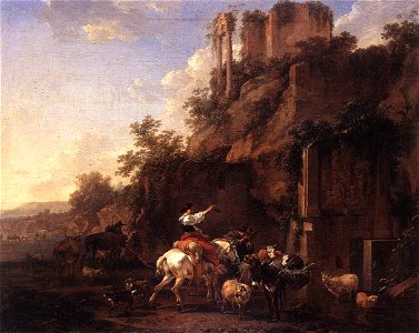 Nicolaes Pietersz. Berchem - Rocky Landscape with Antique Ruins - WGA1915. Free illustration for personal and commercial use.