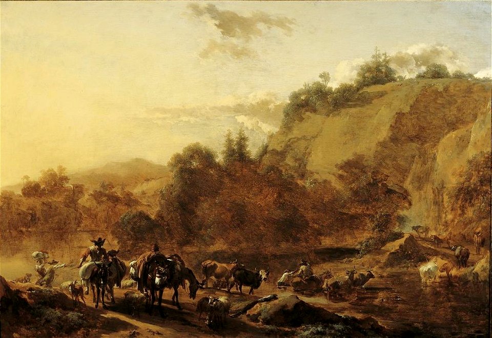 Nicolaes Berchem - Berglandschap met herders en vee bij een doorwaadbare plaats