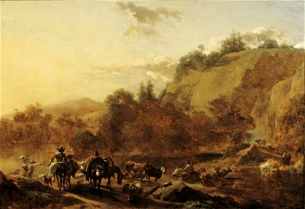 Nicolaes Berchem - Berglandschap met herders en vee bij een doorwaadbare plaats