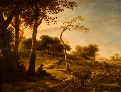 Nicolaes Pietersz. Berchem - Duinlandschap met bomen, kudde vee en herders - 0071 - Rijksmuseum Twenthe