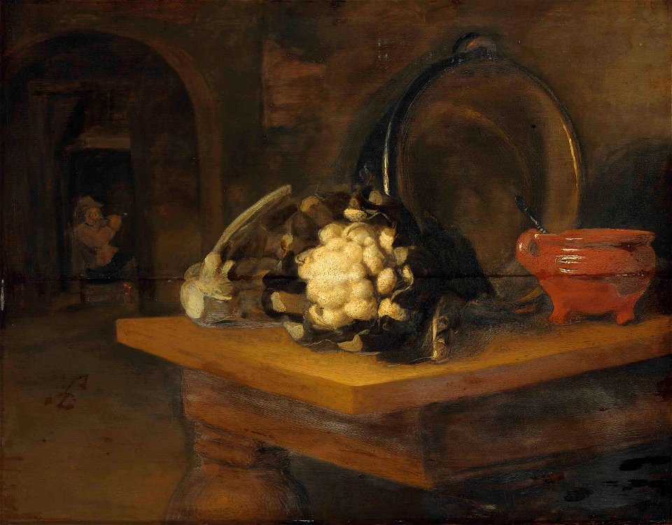 Nicolaes Maes manner - Cauliflowers, an earthenware bowl and a copper pot on a table 2015 NYR 03747 0053