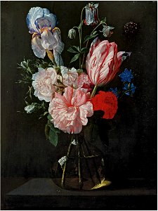 Nicolaes van Veerendael - A tulip, roses, iris and other flowers in a glass vase on a ledge. Free illustration for personal and commercial use.