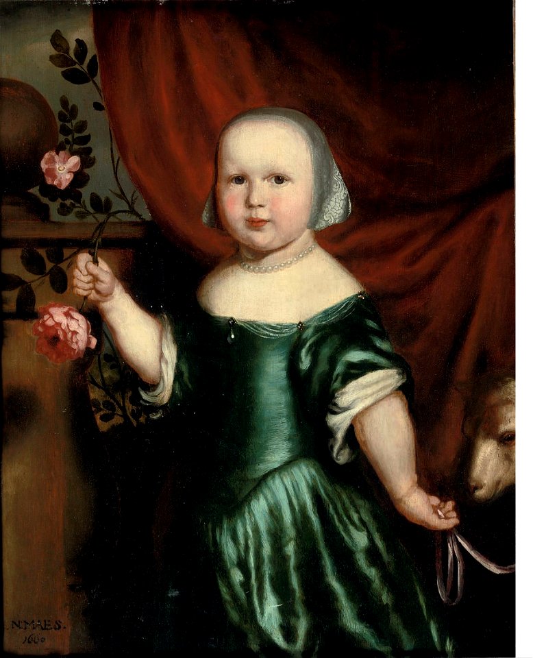Nicolaes Maes - Portrait of a girl, three-quarter-length, in a green dress, holding a rose