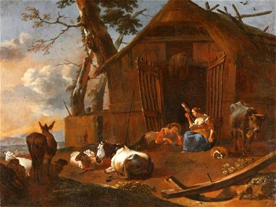 Nicolaes Pietersz Berchem (1620-1683) (style of) - Farmyard with Cattle and Figures - 1151357 - National Trust